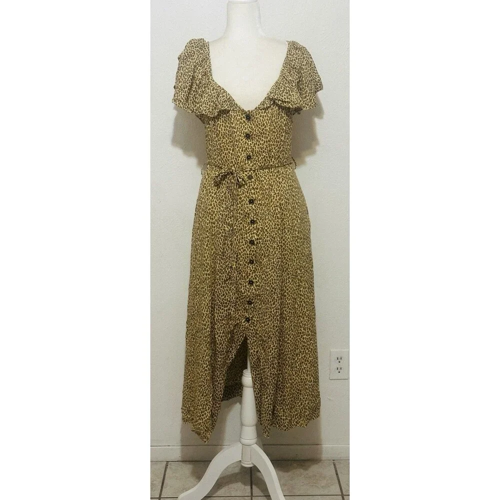 By Anthropologie Size 8 Bolano Leopard Print Midi Dress Ruffle Sleeve Tie Waist